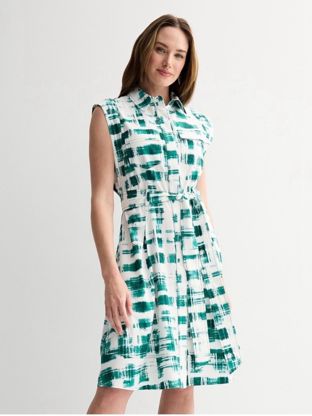 Andrew Marc White Midi Dress with Green Brushstroke Print and Tie Waist Size 14